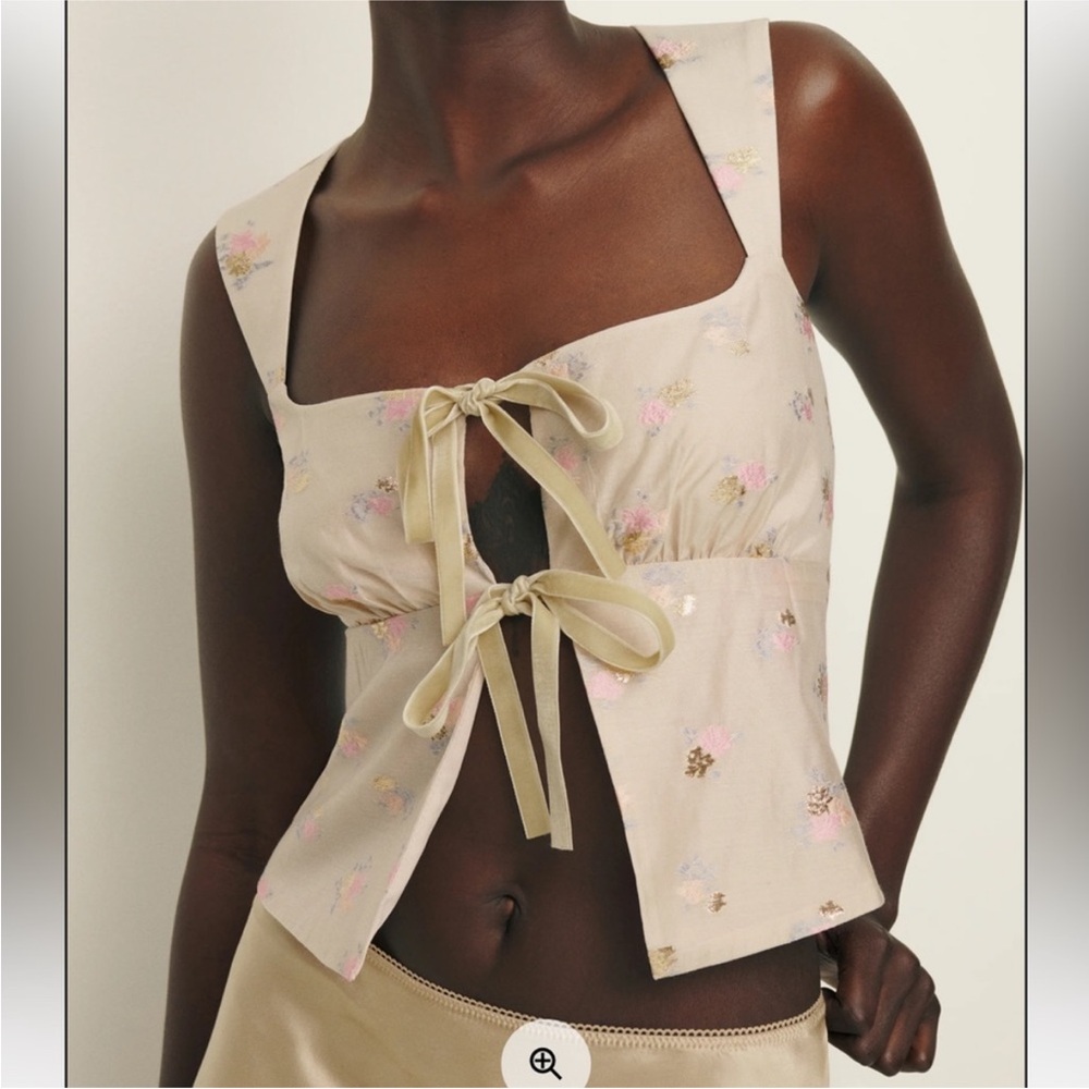 Reformation Floral Tie-Front Crop Top in Cream